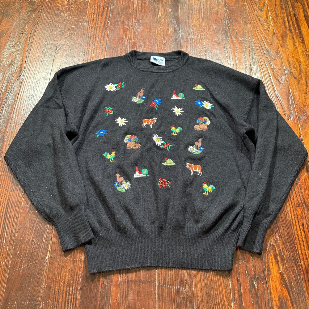Vintage 90s Meister Sweater Women L Black Wool Blend Embroidered Alpine Folk Art